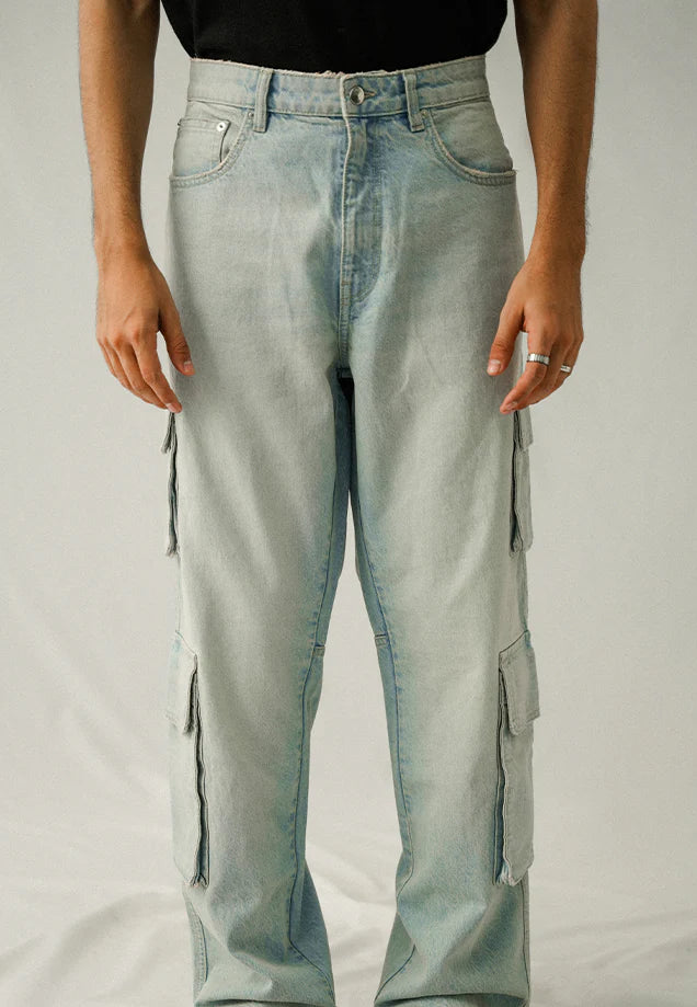 High Rise Straight Fit Cargo - Light Blue Tint Wash